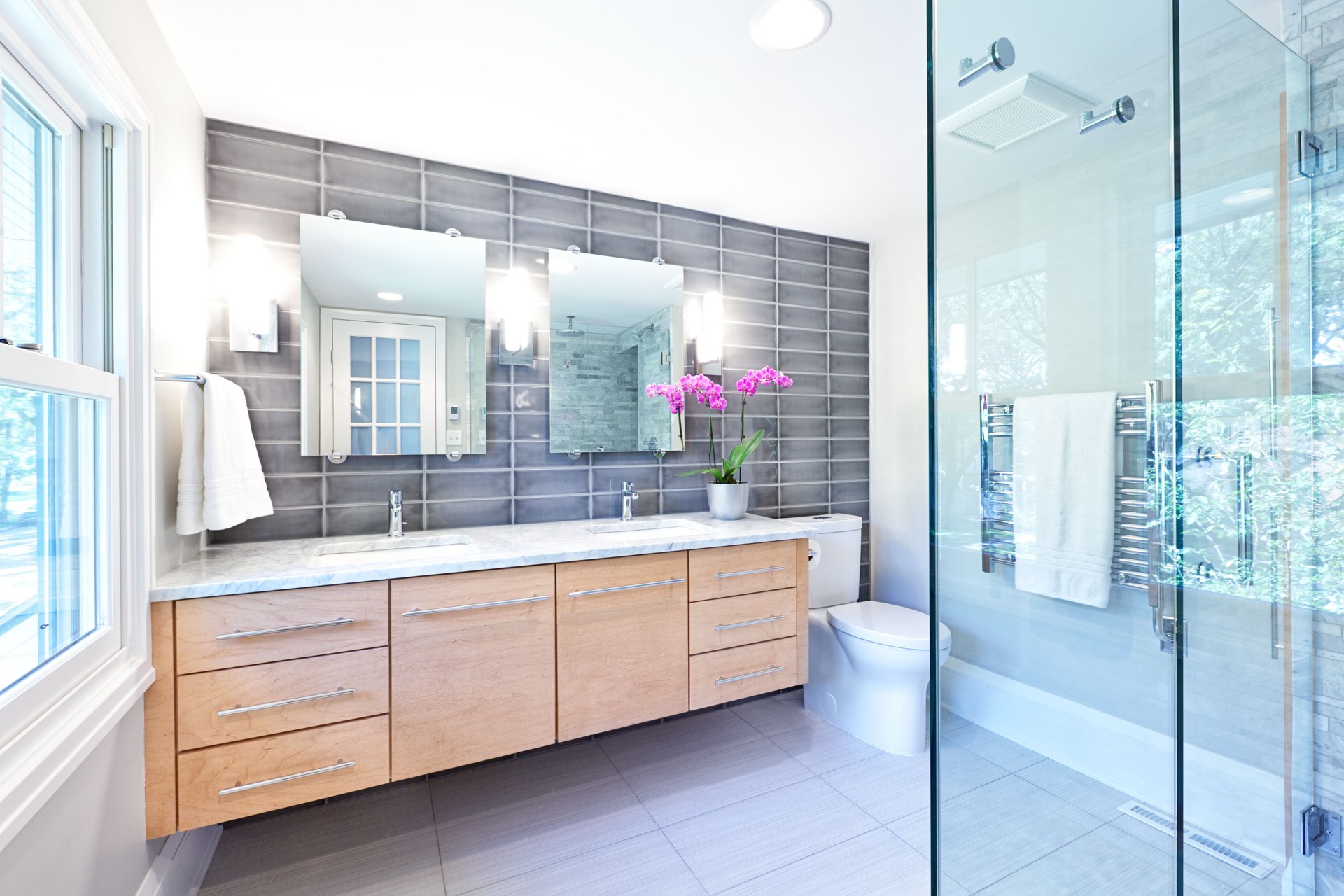 Contemporary Home Bathroom glass Shower Stall and Vanity