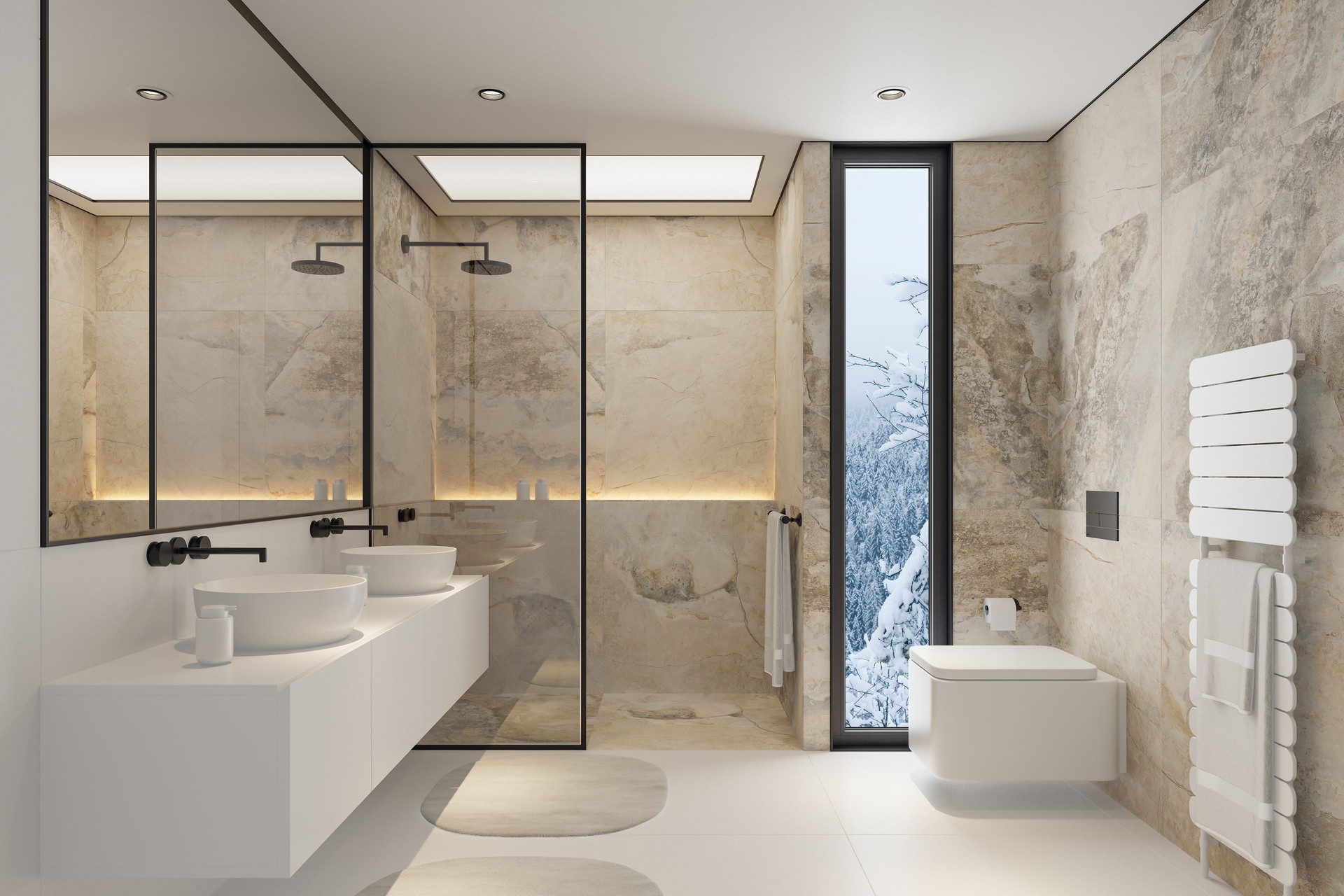 Modern Luxury Bathroom with Dual Sinks and Natural Stone Accents