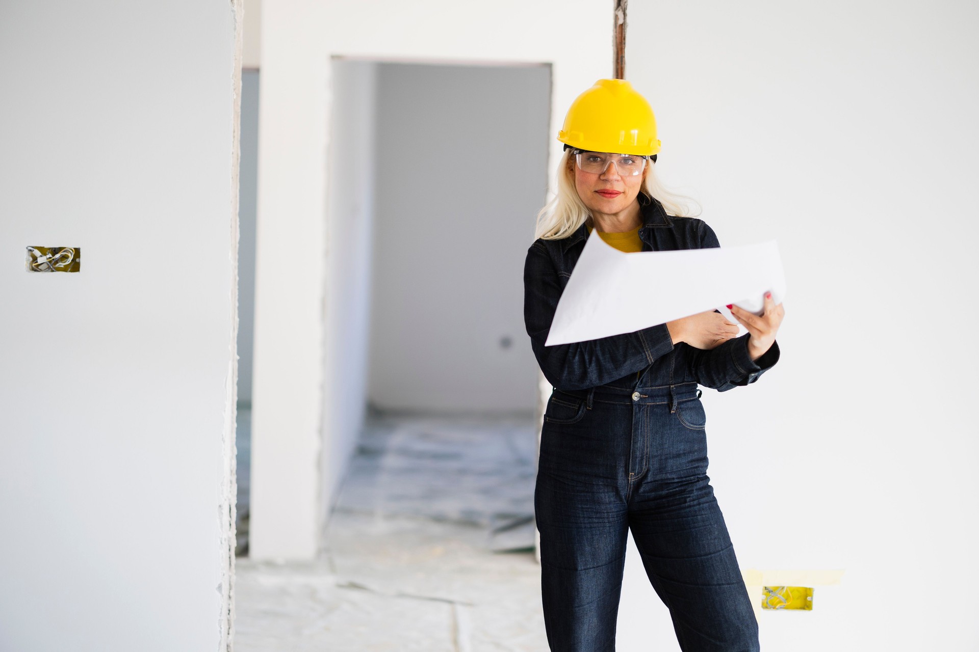 Female architect looking at blueprints on construction site