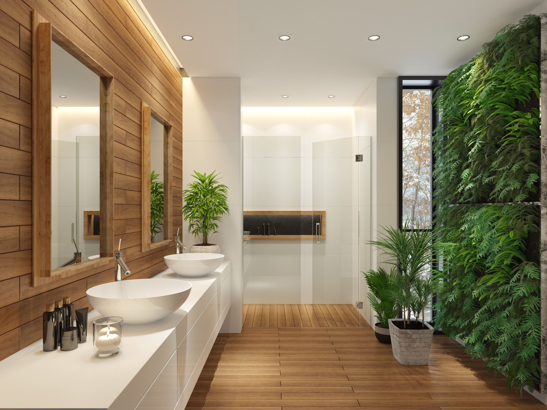 Modern minimalist bathroom with green wall garden and hardwood floor